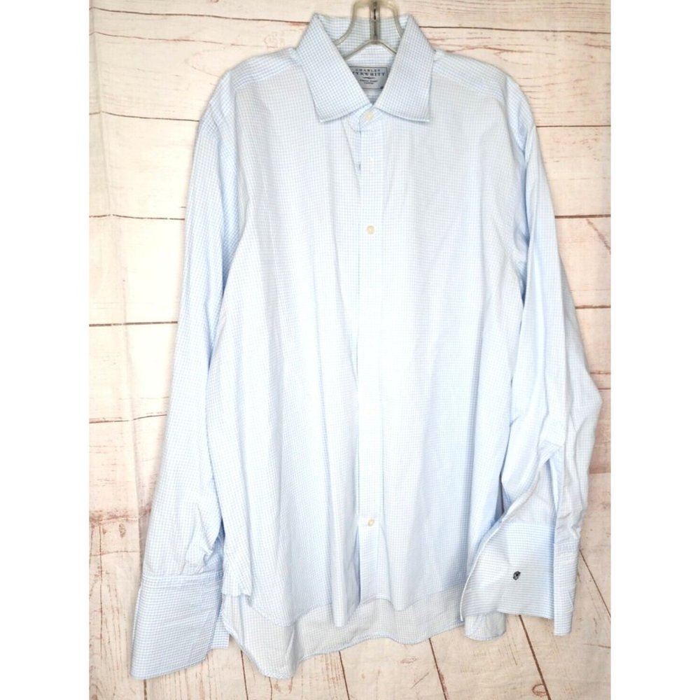 Charles Tyrwhitt London Blue Checkered French Cuff 17 1/2x36 Embroidered Shirt